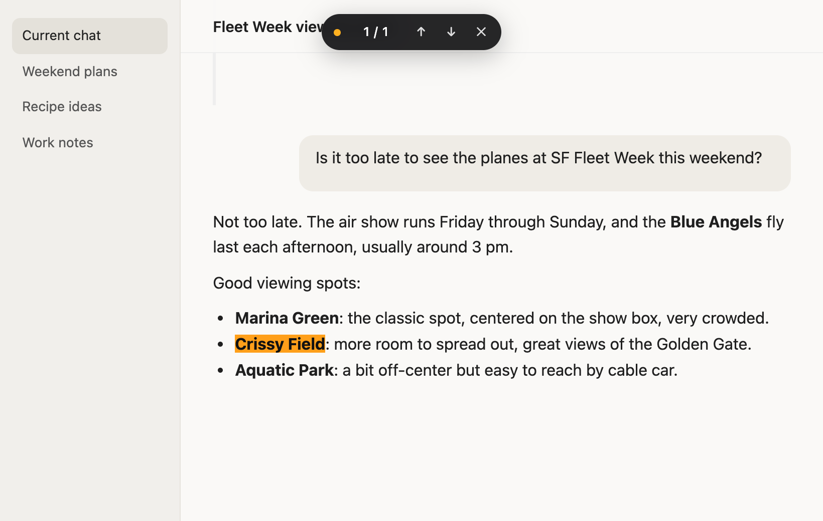 A chat page with the searched words highlighted and a small match navigator at the top