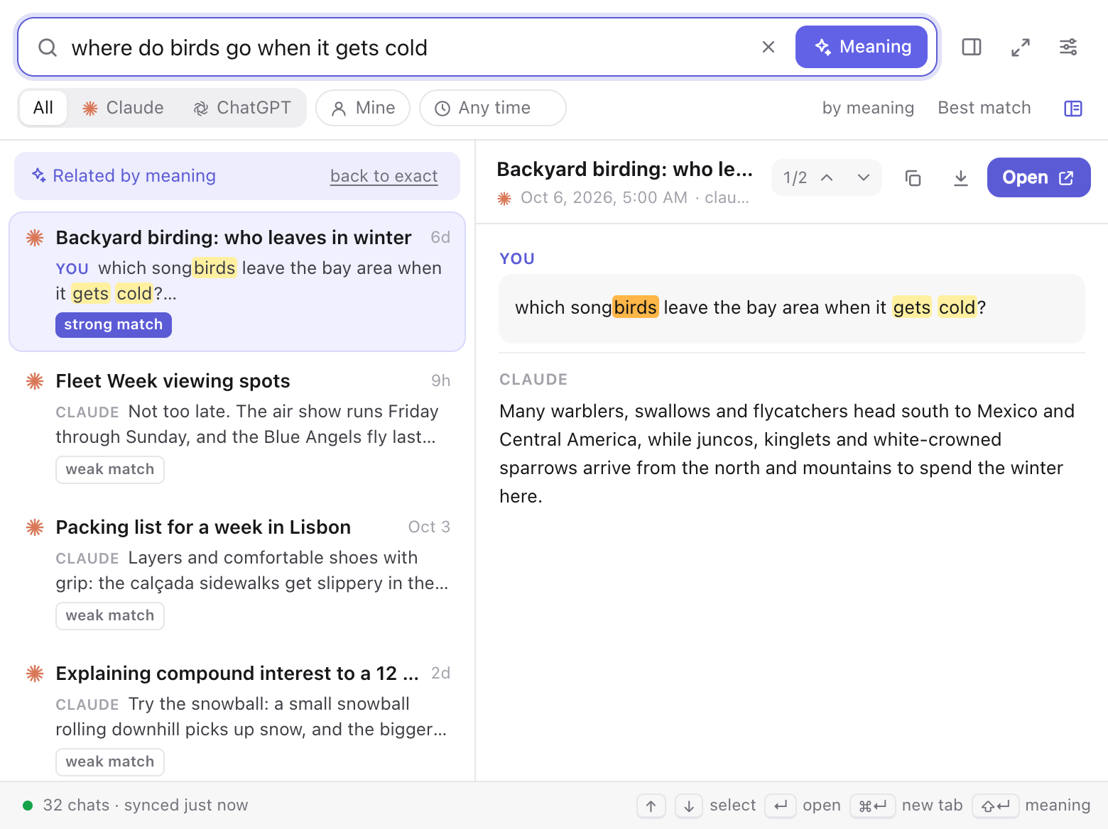 Search by meaning finding a birding chat for the query 'where do birds go when it gets cold'