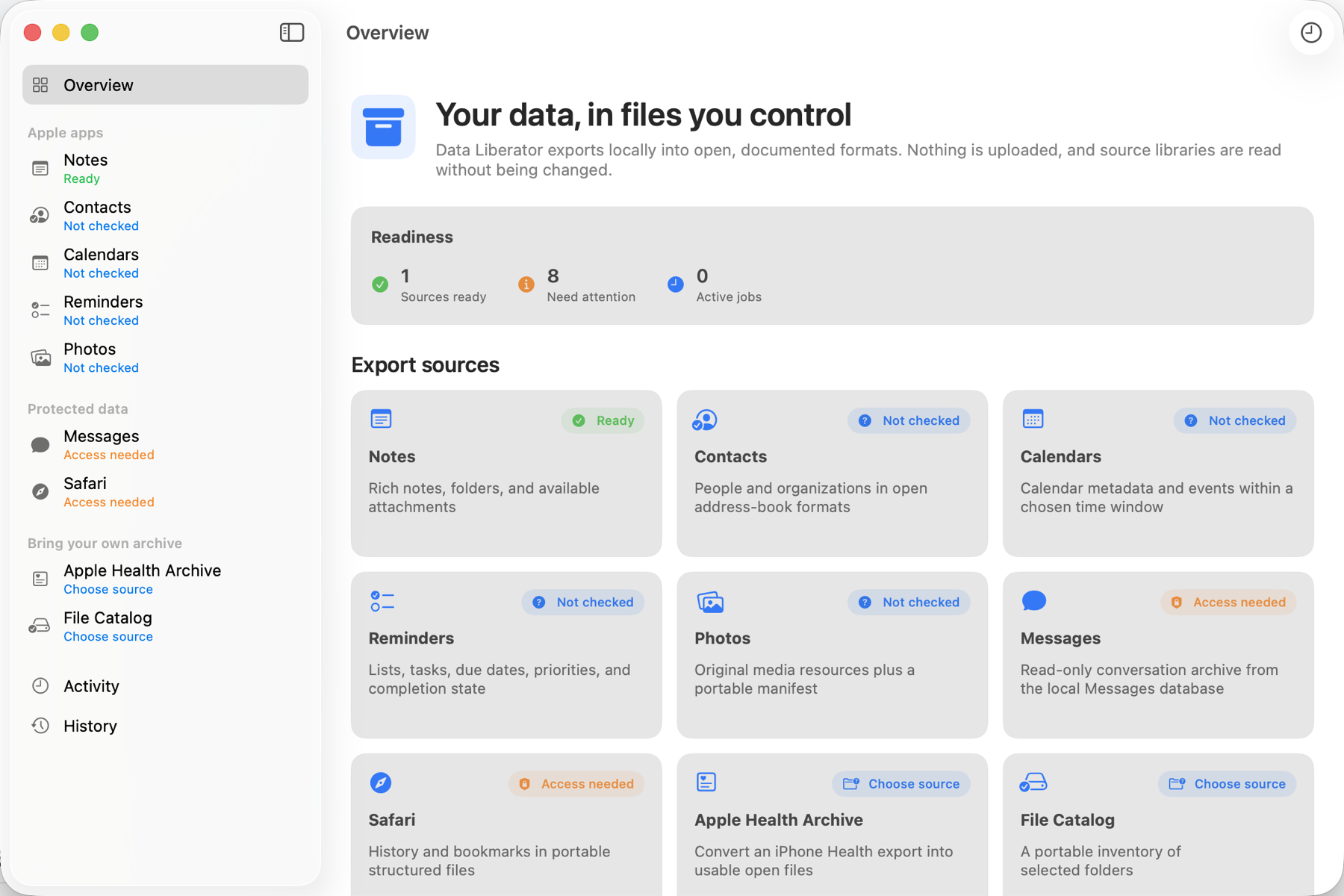 Data Liberator overview showing nine export sources and their access state